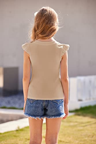 Flypigs Girls Casual Round Neck Blouse Tops Ruffles Solid Sleeveless Summer Casual Ribbed Knit Tanks Blouses Beige 11-12 Years #TOP3