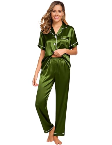 Image of SWOMOG Women Satin Pajamas Set Short Sleeve Top & Pants Sleepwear Silky Button Down Nightwear 2pcs Loungewear Pjs Set