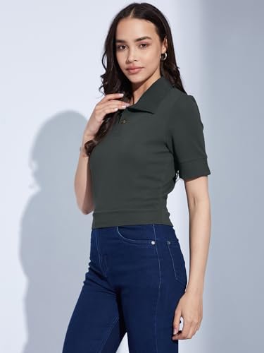 Image of Selvia Women's Textured Lycra Solid T-Shirt