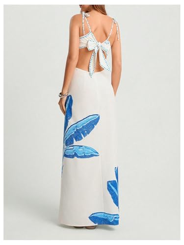 Image of SOLY HUX Women's Summer Maxi Dress Boho Print Tie Shoulder Spaghetti Strap Cut Out Tie Back Cami Dresses Sundress