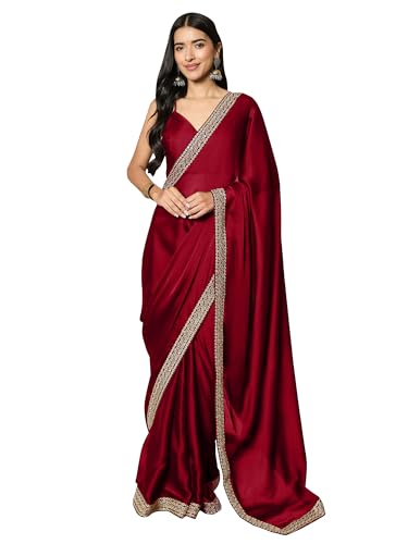 Image of AKHILAM Women's Satin Solid Ready To Wear one Minute Saree with Unstitched Blouse Piece