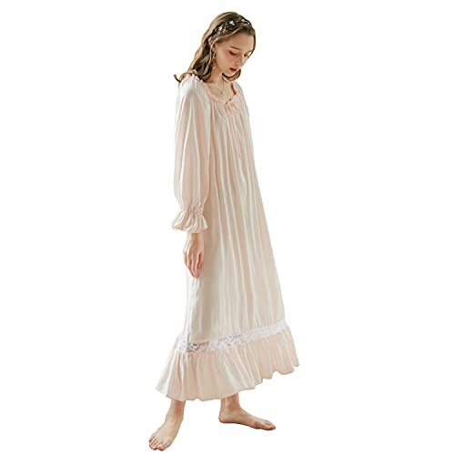 LAPAYA Women's Victorian Cotton Nightgown Lace Trim Vintage Sleepwear Long Sleeve Sleepshirts, Pink...