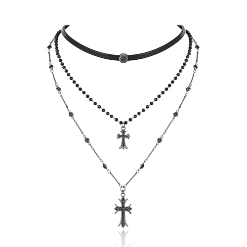 Layered Halloween Cross Necklace - Triple Layer Gothic Necklace with Black Leather, Beaded Chain Cross Pendants Grunge Vampire Jewelry Gifts