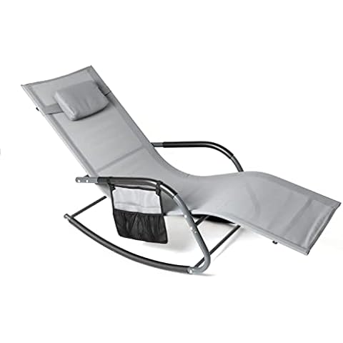 Wostore Rocking Lounger Patio Chaise Sunbathing Chair with Recliner Movable Sleep Bed Included Pillow and Breathable Texteline Farbic-Grey Cover