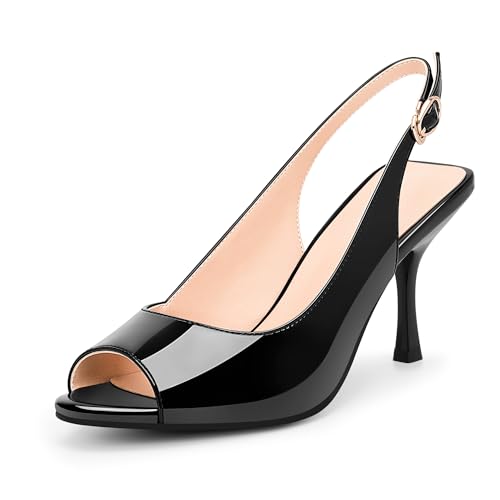 100FIXEO Women's Black Patent Leather Peep - Toe High Heel Slingback Sandals for Party & Work