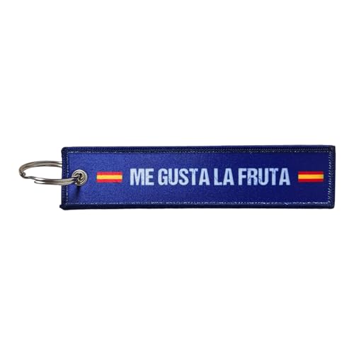 Gemelolandia | Llavero Bordado 'Me Gusta la Fruta' Azul - Accesorio Divertido y Original de Tela 13 x 3 cm - Diseño Humorístico Duradero - Ideal para Regalo