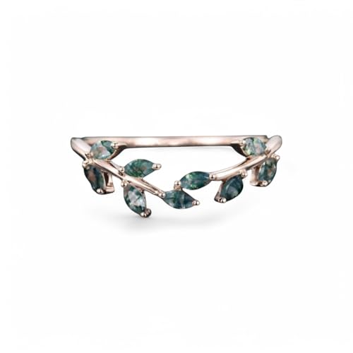 Marquise Cut Moss agate Curved wedding band 14k Rose Gold wedding Jewelry band Nature Inspire Leaf Art Deco Ring Bridal Promise Anniversary ring Valentine Day Gift For Her