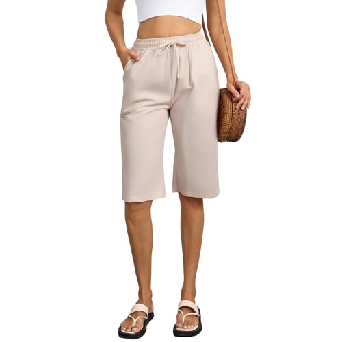Zhiaek Pantalones Cortos Mujer Algodon Cintura Alta Elástica Shorts Mujer Verano con Bolsillos Pantalon Corto Largo hasta la Rodilla con Cordón Beige M