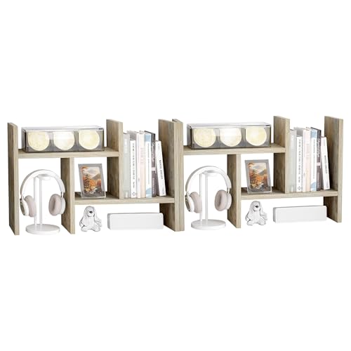 Image of Jerry & Maggie Desktop Organizer Office Storage Rack Adjustable Wood Display Shelf Free Style Double H, Multi-Functional Mini Bookshelf for Desk Natural Stand (Gray Oak /2 Pack)