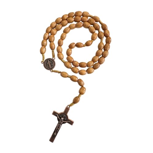 Image of Bovemee Saint Benedict Medal Prayer Pocket Rosary Catholic Brown Wood Beads with Medalla de san benitol and Crucifix, 9 Inch