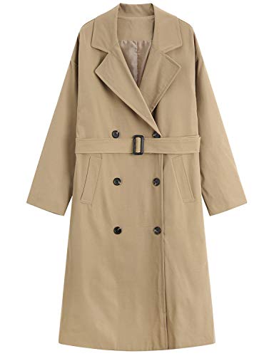 MOCRIS Trench Coats for Women, Double-Breasted Mid-Length Overcoat Windbreaker with Belt Windbreaker Khaki