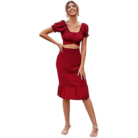 LYANER Damen 2-teiliges Outfit-Set mit Blumenmuster, zum Selbstbinden, Knoten, bauchfreies Oberteil und Midirock, reines rot, X-Small Cover