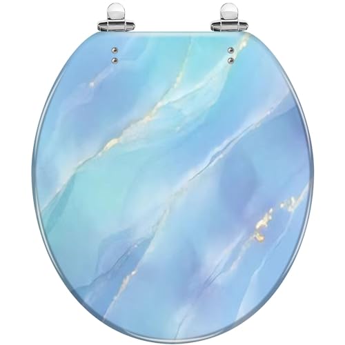 Round Toilet Seat Blue gold pastel marble Resin Toilet Seat Slow Quiet Close with Quick-Release Hinges Toilet Seat with Cover Easy to Clean Install
