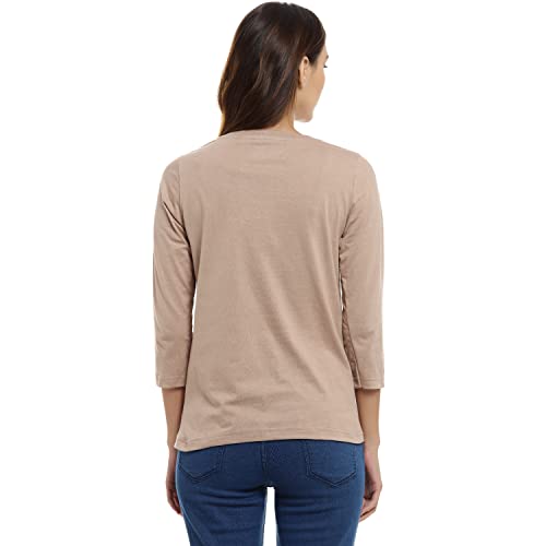 Image of PINACOLADA Women's Solid Beige Crew Neck Long Sleeve Regular Fit Top for Casual Wear | Structured Top Crafted with Comfort Fit and High-Performance for Everyday Wear