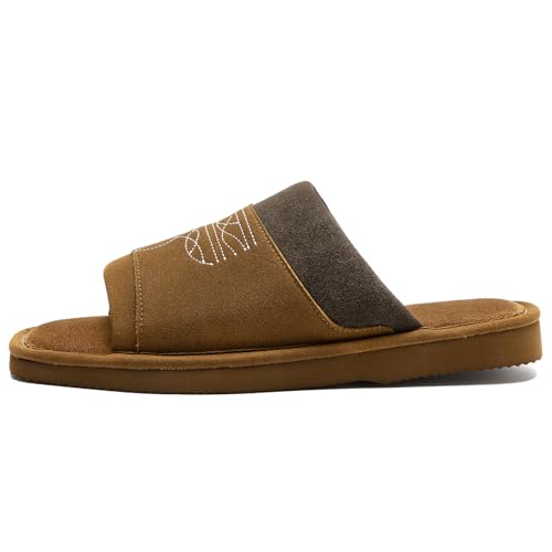 AWFI Mens Cowboy Western Slide Slippers Genuine Nubuck Leather Square Toe Open House Shoes Memory Foam & Sheep Suede Midsole Anti-Slip Rubber Sole for Indoor Outdoor