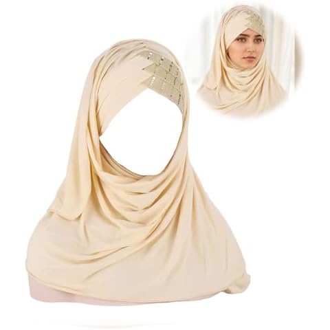 Fnjuucw Sequin Hijab Muslim Head Wrap, Solid Color Scarf Lightweight Long Adjustable Islamic Stretch Elastic Head Cover for Women (beige) Cover