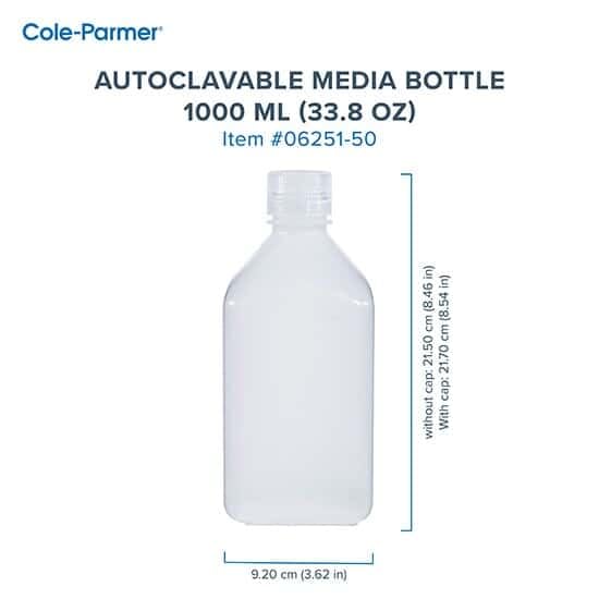 Cole-Parmer Autoclavable Media Bottles, Square Plastic, PPCO, 1000 mL (33.8 oz); 6/Pk