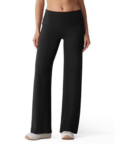 MOOSLOVER Women Fold Over Leggings Wide Leg Stretch Yoga Pants Comfy Loose Casual Lounge Pants(M Black)