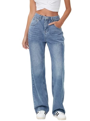 HDLTE Women Wide Leg Jeans Junior High Waist Baggy Jean Loose Boyfriends Jeans Blue Washed