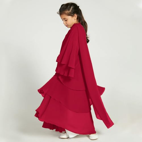 Girls Muslim Dress Chiffon Kaftan Maxi Dress Cardigan Robe Islamic Modest Hijab Dress for Girls Prayer Abaya Dress Muslim Ramadan Prayer Clothes Kids Arabian Abaya Dress Muslim Robe Red 7-8 Years3