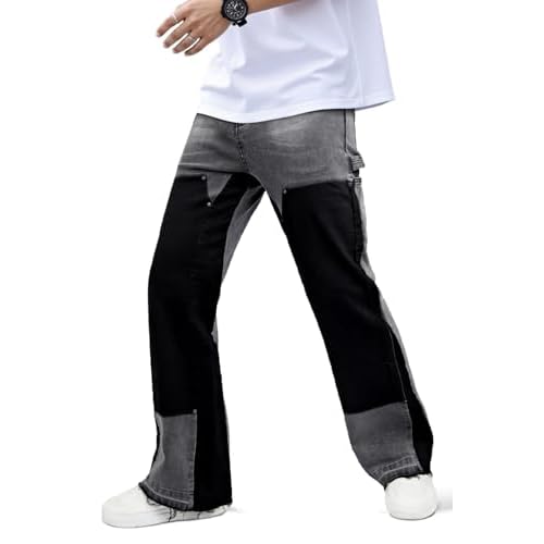 GINGTTO Men's Jeans Slim Fit Flared Stacked Denim Pants Hip Hop Streetwear Grey 30