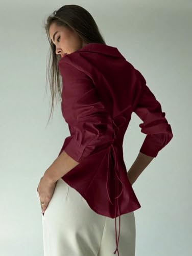 Image of OOMPH! Women Solid Cotton Shirt with Back Tie-Up Detail | Corset Style | Cinched Waist Shirt | Cotton Formal Shirt