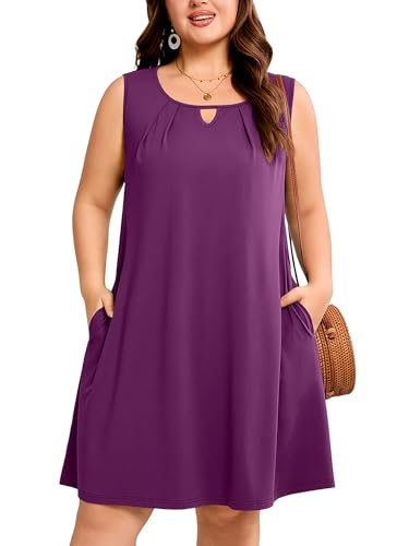Image of AusLook Plus Size Summer Midi Dress for Women Sleeveless Casual A Line Swing Dress with Pockets Keyhole Neck Beach 1X-5X