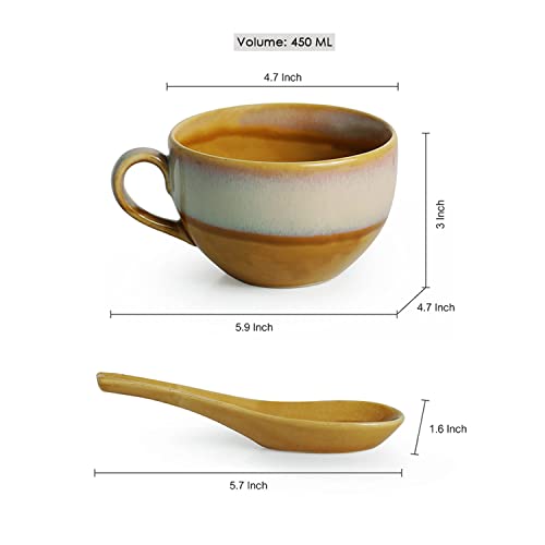 Image of ExclusiveLane Ceramic Dual Glazed Handled Ceramic Soup Bowls with Spoons & Handle, 450 ml, 2 Pieces, Mustard Yellow & Off White