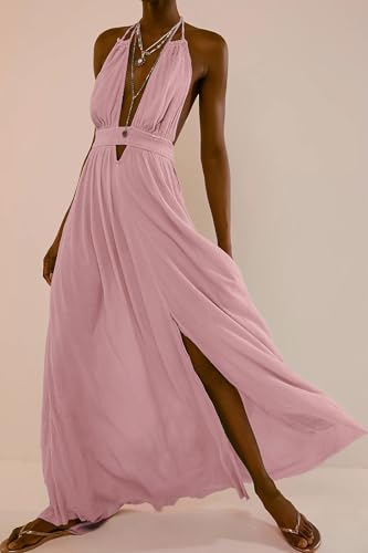 Image of R.Vivimos Boho Maxi Dresses for Women 2026 Summer Sleeveless Halter Elastic Waist Sexy Backless Front Slit Flowy Long Dresses