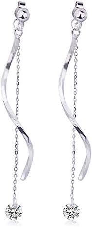 Ms. Swan 925 Sterling Silver S-shaped Wavy Fringed Rear-mounted Long Diamond Earrings,Two Wearing Methods