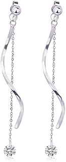 Ms. Swan 925 Sterling Silver S-shaped Wavy Fringed Rear-mounted Long Diamond Earrings,Two Wearing Methods