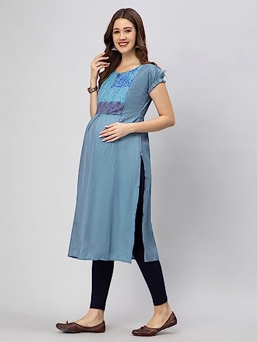 Image of CEE 18 Cotton Rayon A-Line Flared Maternity Feeding Kurti for Women with Zippers | Maxi Gown Dress for Women | Breastfeeding Dress for Mothers | Feeding Kurti for Women | Maternity Wear for Women