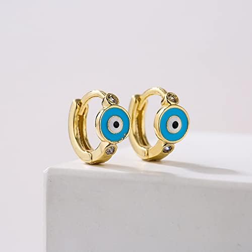 Blue Turkey Evil Eye Small Hoop Earring for Women Girls Gold Plated Charm Cubic Zirconia Cartilage Mini Tiny Round Huggie Ear Cuff Protection Lucky Eternity Engagement Jewelry Fashion Gifts Birthday