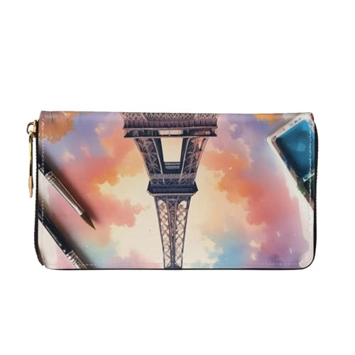 Eiffel Tower Print Men and Women Leather Wallet,Long Zipper Wallet,Convenient to Carry, Various Bank Card Storage2