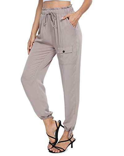andy & natalie Women\'s Elastic Waist Pants Drawstring Cargo Paper Bag Pockets Ankle Tie Jogger Sweatpants Trouser Khaki