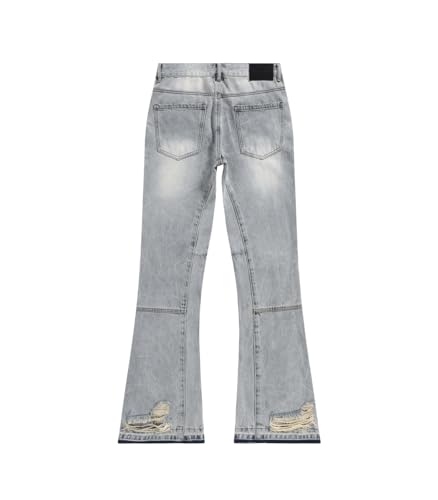 Generic SHION7 Men's Relaxed Fit Bell Bottom Jeans, Ripped On Knee 100% Cotton Heavy Denim Pants with Hand Paint (US, Waist, 30, Regular, Blue)2