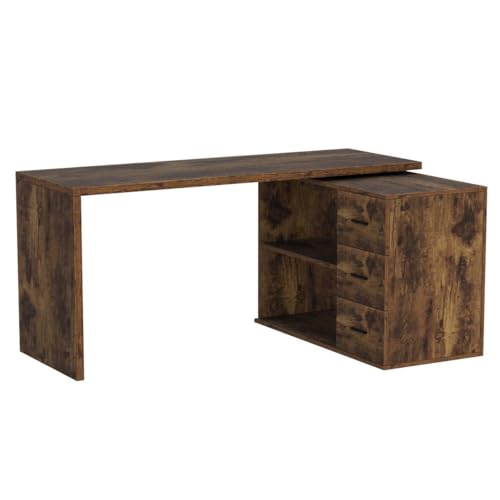 Image of HSH L Shaped Computer Corner Desk with Storage Drawers 55 inch Rustic Brown | Reversible Home Office Corner Desk with 2 Open Side Shelves Modern Wood Executive L Desks for Bedroom,Study Workstation
