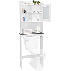SUPER DEAL Over The Toilet Bathroom Storage Cabinet Freestanding Wooden Bathroom Organizer with Adjustable Shelves and Glass Door, White