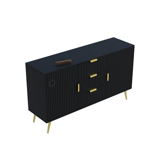 Image of Wooden Sideboard Cabinet for Living Room | Side Board with 3 Drawers & 2 Doors Cabinet Storage for Dining, Drawing and Home Office | HDMR Premium Wood & Iron | Black & Golden