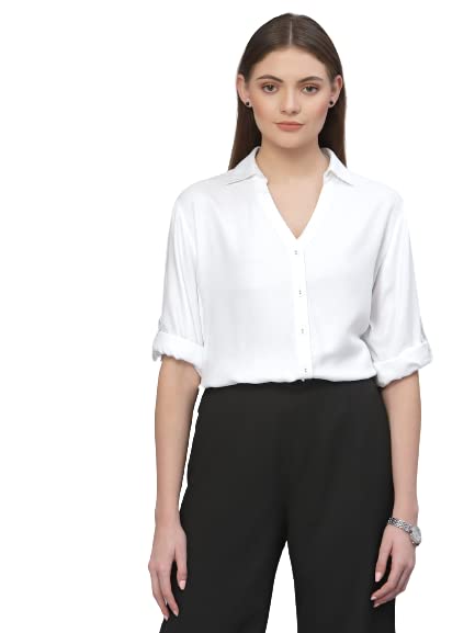 Image of Style Quotient Women Solid Navy Viscose Rayon Semi Formal Shirt