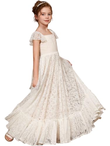 Girls Summer Boho Full Lace Flower Girl Dress Elegant Cap Sleeves Square Neck A-Line Long Wedding Party Dresses
