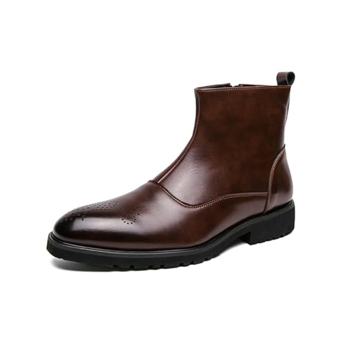 Botas de vestir para hombre con punta de ala brogue con cremallera lateral, botas de tobillo Oxford, de moda, informales, de negocios, botas chukka para hombre, Brown, 45 EU