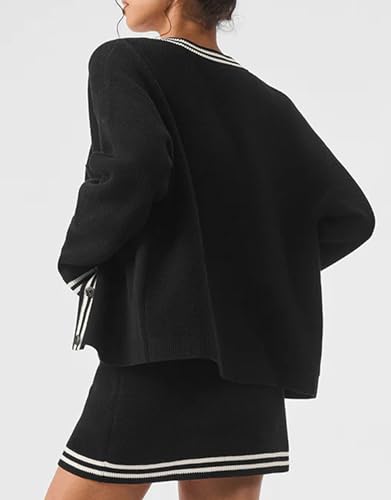 Image of Women's Oversized Knit Cardigan Sweaters Button Down Stripes Trim Cardigan Tops Casual Outerwear with Pocket Black