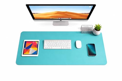 Image of Reversible Desk Mat 90x45 CM - Large Vegan Leather Office Desk Pad | Mouse Pad for Work from Home & Office | Anti-Slip Leather | Waterproof, Splash-Proof Desk Accessories (Sea Green & Yellow)