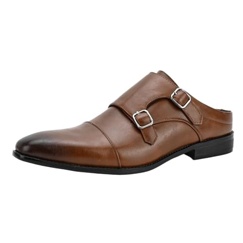 Men's Double Monk Dress Shoes Vintage Outdoor Casual Slip On Plain Toe Business Tuxedo Wedding Anti-Slip Non Slip Rubber Sole Block Heel Formal Pu Leather