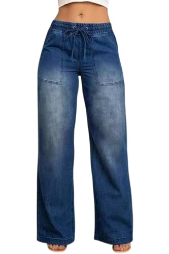 yoeasy Womens Wide Leg Jeans High Waisted Elastic Drawstring Stretchy Straight Leg Baggy Jeans Casual Loose Denim Pants