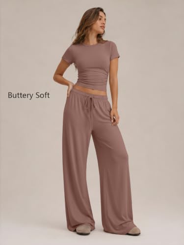 Image of Trendy Queen Women's 2 Piece Matching Summer Lounge Set with Pockets | Vacation Airport Travel Outfits, Workout Gym Clothing Comfy Athleisure Clothes, Side-ruched Top, Drawstring Wide Leg Pants