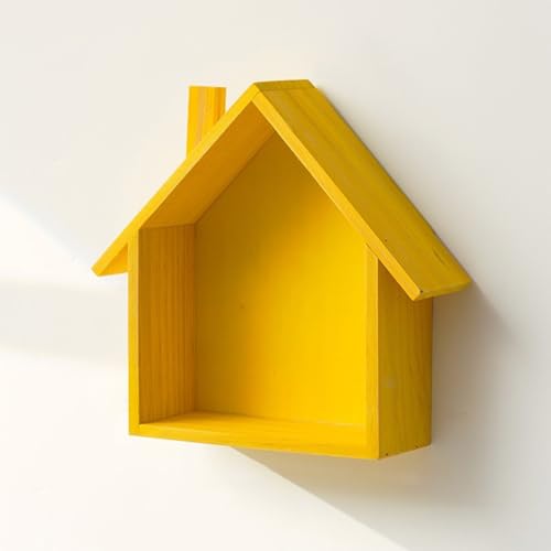 Colorful House Shaped Wooden Display Shelves, 2025 New Corner Floating Shelves, Small Nursery Decorative Shelf, Wooden Wall Floating Toys Dolls Organizer for Entryway Living Room (Yellow)
