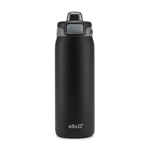 Ello Pop & Fill 18oz Stainless Steel Kids Water Bottle with Quick Fill Lid | Vacuum Insulated BPA Free Bottle with Leak Proof Straw and Chug Lid, Dishwasher Safe, Gift For Kids Teens, Tonal Black