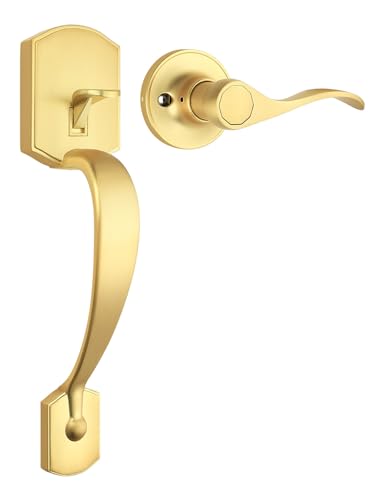Image of Tinewa Gold Camelot Trim Lower Half Handleset, Upgated Entry Door Handle with Accent Wave Door Lever, Gold Front Door Handleset, Interior Left Handed Lever